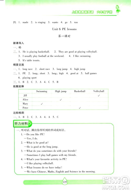 2019新课标两导两练高效学案上教版英语六年级下册答案
