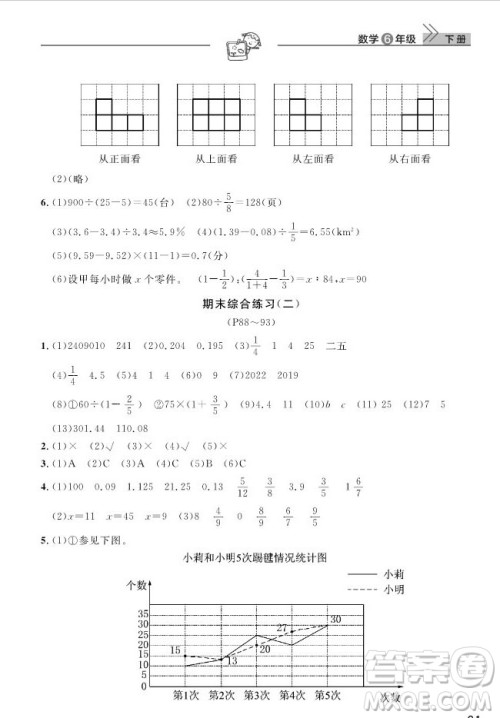 武汉出版社2019天天向上课堂作业六年级下册数学人教版答案