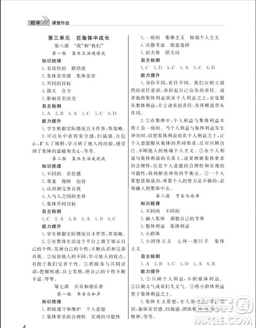 武汉出版社2019智慧学习课堂作业七年级下册道德与法治人教版答案