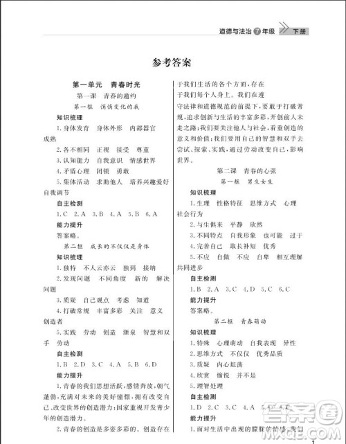 武汉出版社2019智慧学习课堂作业七年级下册道德与法治人教版答案
