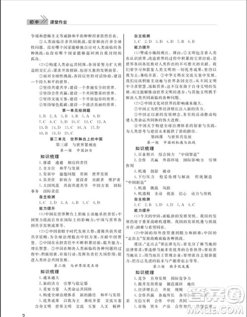 武汉出版社2019智慧学习课堂作业九年级下册道德与法治人教版答案