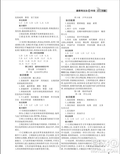 武汉出版社2019智慧学习课堂作业九年级下册道德与法治人教版答案