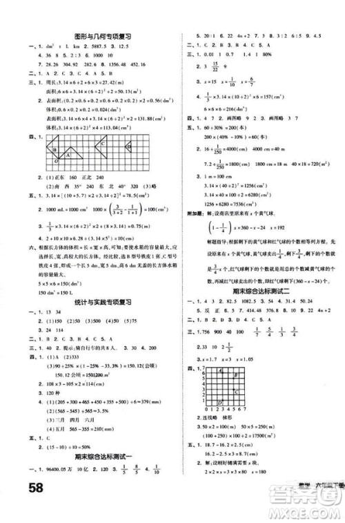 全品小复习2019春小学数学六年级下册RJ人教版参考答案