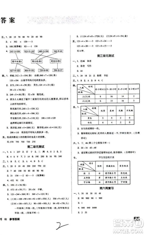 2019春全品小复习小学数学三年级下册人教版RJ参考答案 2019春全品小复习小学数学三年级下册人教版RJ参考答案