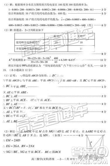 2019年2月福州市高中毕业班质量检测文数试卷参考答案