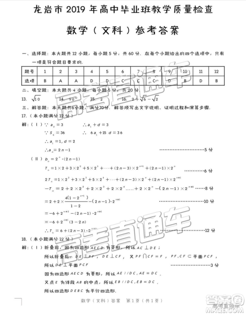 2019年2月龙岩市高中毕业班教学质量检查文数试卷及参考答案