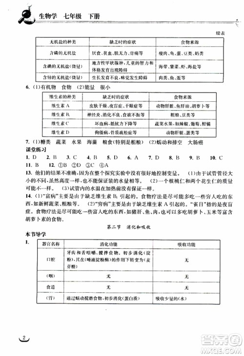 2019长江作业本同步练习册生物学七年级下册人教版参考答案