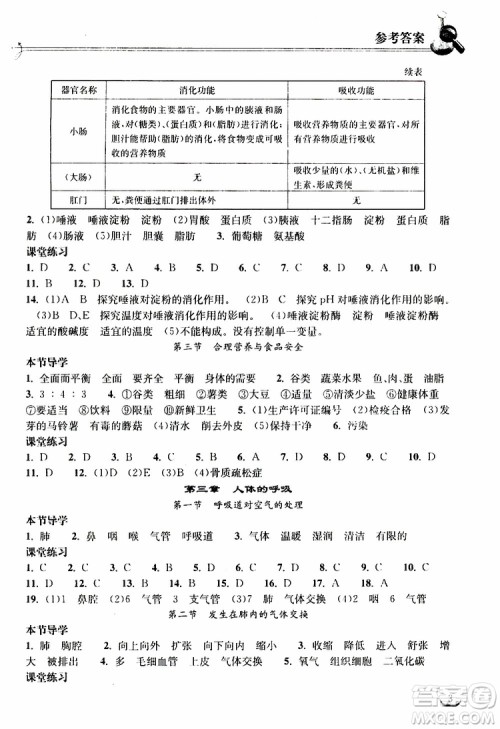 2019长江作业本同步练习册生物学七年级下册人教版参考答案