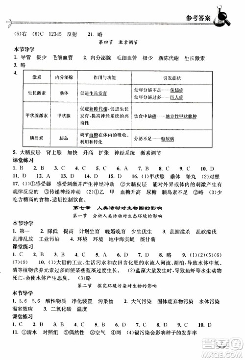 2019长江作业本同步练习册生物学七年级下册人教版参考答案