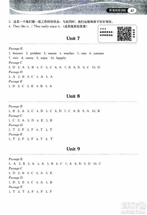 2019版长江作业本初中英语阅读训练七年级下册人教版参考答案