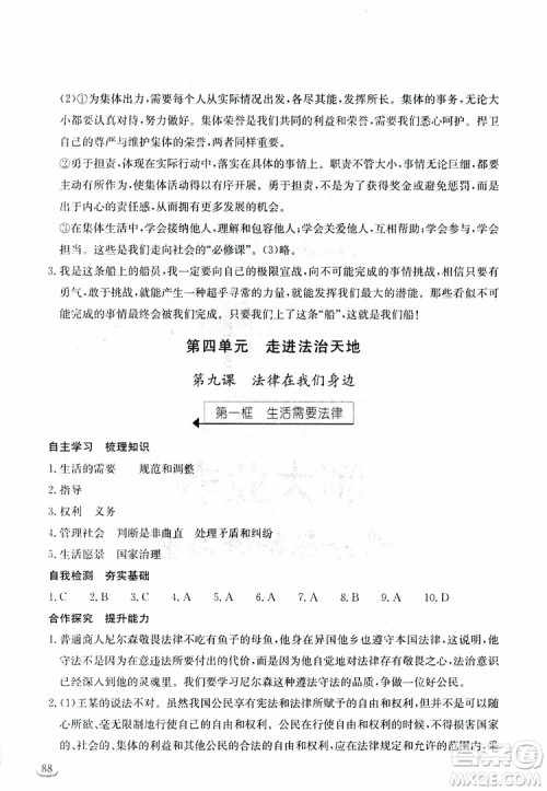湖北教育出版社2019年长江作业本道德与法治初中七年级下册人教版参考答案