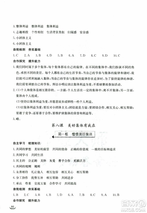 湖北教育出版社2019年长江作业本道德与法治初中七年级下册人教版参考答案