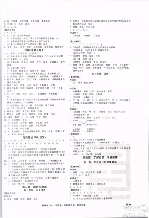 2019版全品作业本八年级下册生物学RJ人教版参考答案 2019版全品作业本八年级下册生物学RJ人教版参考答案