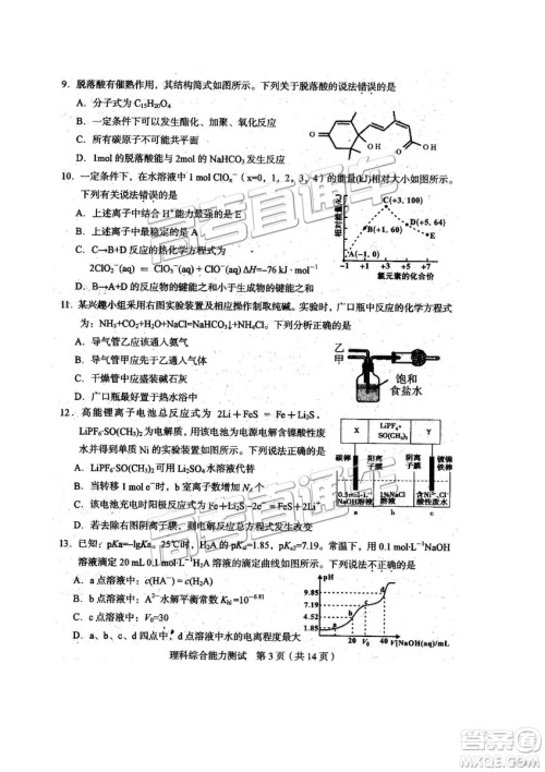 2019年2月高三龙岩质检理综试题及参考答案