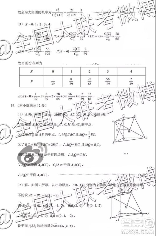 2019年3月保山高三市统测理科数学答案及解析