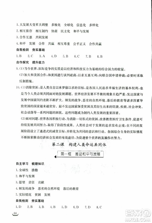 2019年长江作业本同步练习册九年级下册道德与法治人教版参考答案
