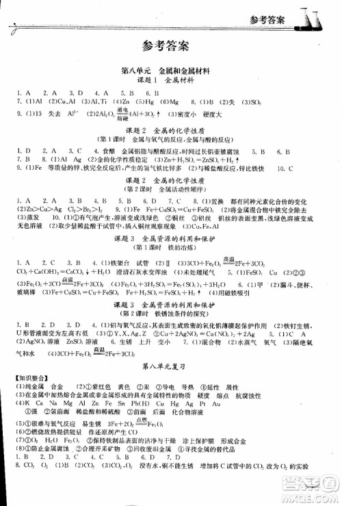 2019年长江作业本初中九年级下册化学同步练习册人教版参考答案