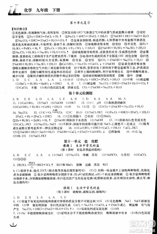 2019年长江作业本初中九年级下册化学同步练习册人教版参考答案 2019年长江作业本初中九年级下册化学同步练习册人教版参考答案