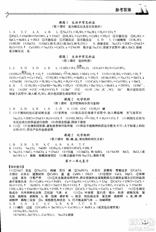 2019年长江作业本初中九年级下册化学同步练习册人教版参考答案 2019年长江作业本初中九年级下册化学同步练习册人教版参考答案