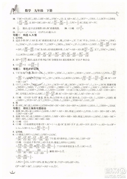 2019新版长江作业本同步练习册九年级数学下册人教版参考答案