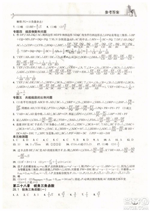 2019新版长江作业本同步练习册九年级数学下册人教版参考答案