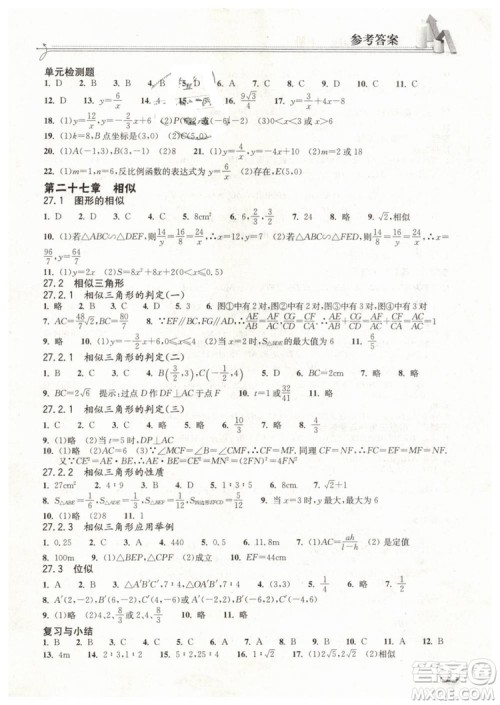 2019新版长江作业本同步练习册九年级数学下册人教版参考答案