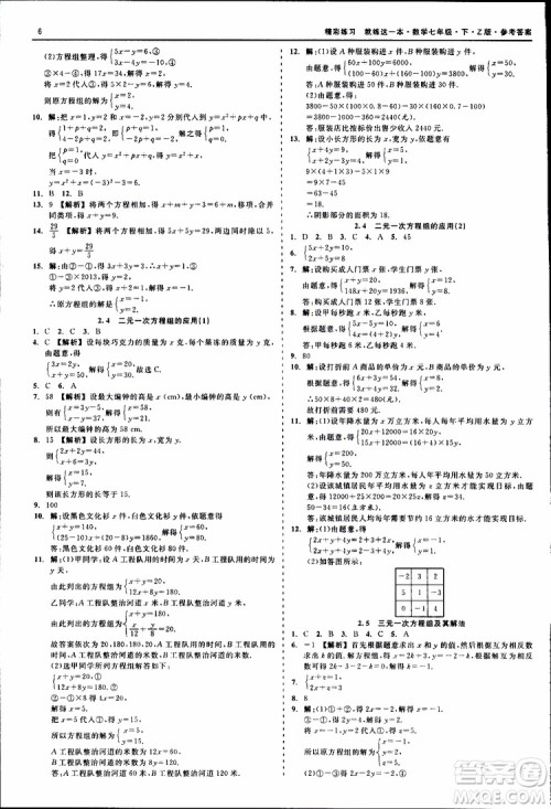 2019年精彩练习就练这一本七年级下册数学浙教版Z版参考答案