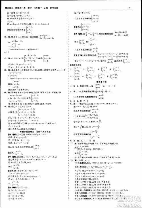 2019年精彩练习就练这一本七年级下册数学浙教版Z版参考答案