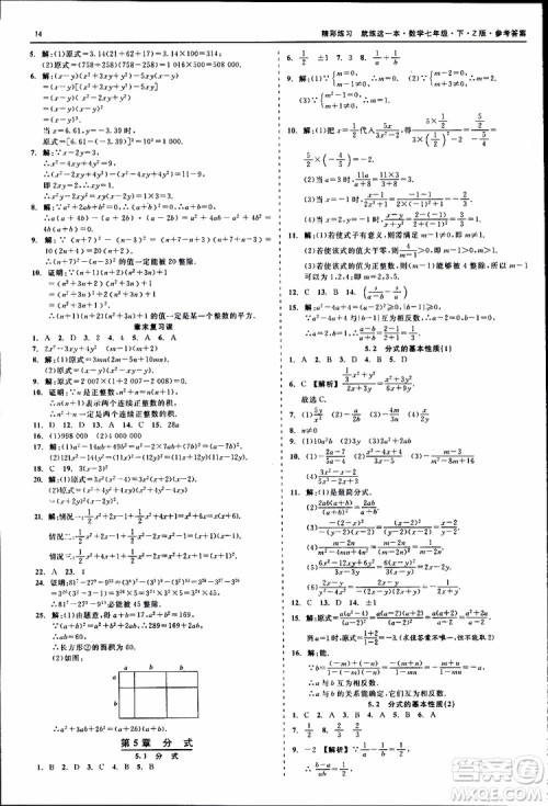 2019年精彩练习就练这一本七年级下册数学浙教版Z版参考答案