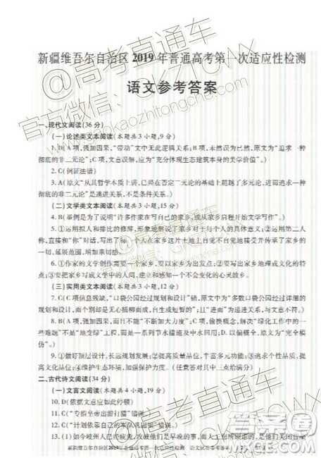 2019年高三新疆维吾尔自治区第一次适应性检测语文试题及参考答案