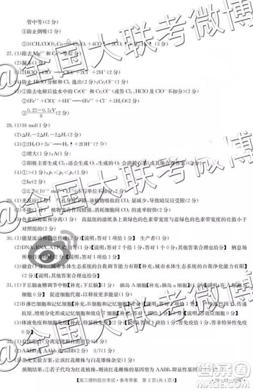 2019年高三贵州金太阳高三3月考理综参考答案 2019年高三贵州金太阳高三3月考理综参考答案