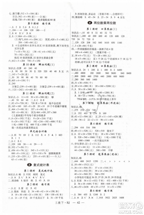 2019春新领程小学数学3年级下RJ人教版参考答案