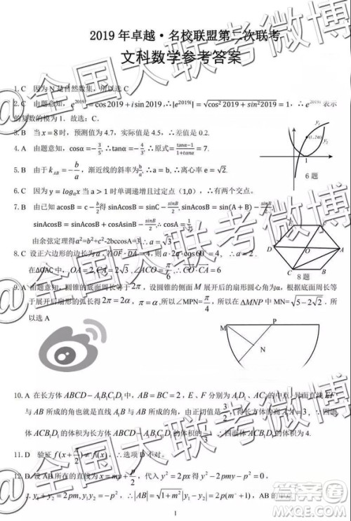 2019年高三卓越名校联盟第二次联考数学参考答案 2019年高三卓越名校联盟第二次联考数学参考答案