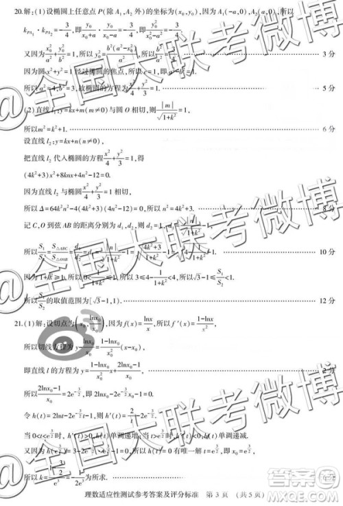 2019年高三河南省高考适应性测试理数参考答案