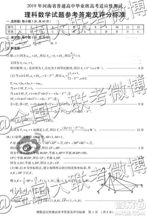 2019年高三河南省高考适应性测试理数参考答案