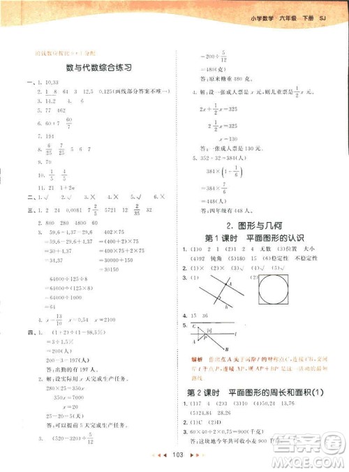 曲一线2019春53天天练六年级下册数学苏教版参考答案
