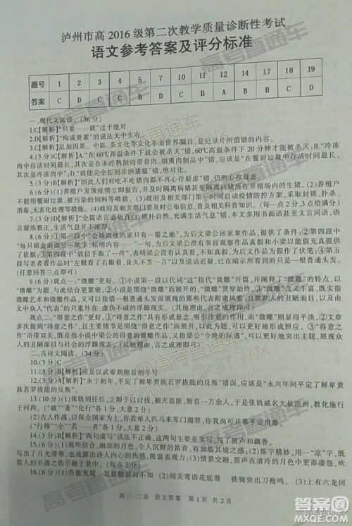 2019年泸州二诊高三语文试题及参考答案 2019年泸州二诊高三语文试题及参考答案