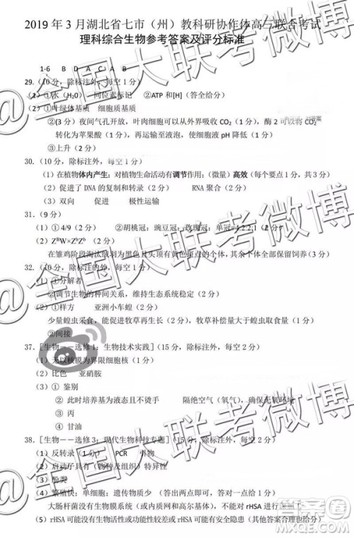 2019年3月湖北七市州高三联考文综、理综参考答案 2019年3月湖北七市州高三联考文综、理综参考答案