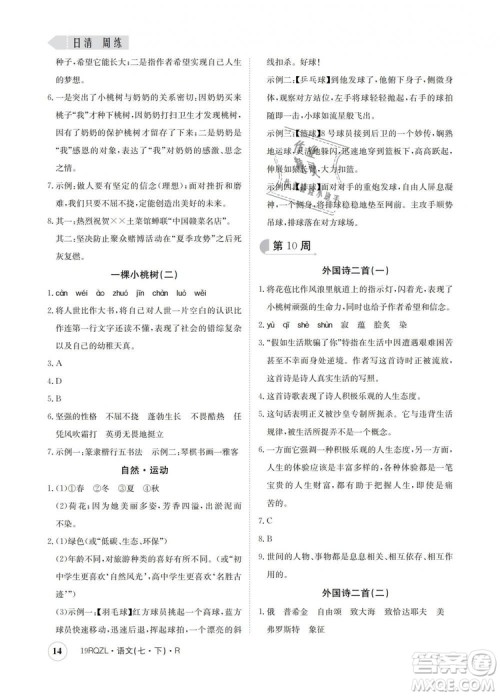 2019新版日清周练金太阳教育七年级语文下册人教版答案 2019新版日清周练金太阳教育七年级语文下册人教版答案
