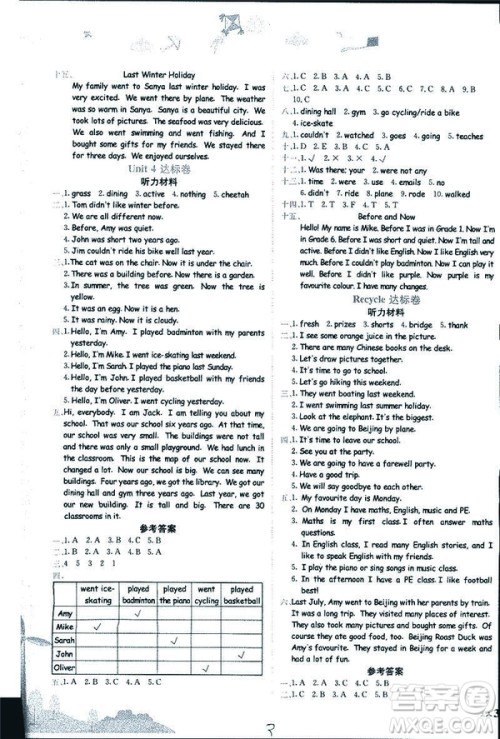 2019年人教版RP黄冈小状元达标卷六年级下册英语参考答案