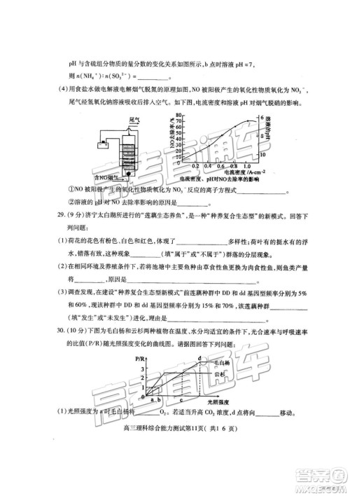 2019年高三济宁一模理综试题及参考答案