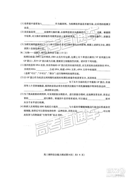 2019年高三济宁一模理综试题及参考答案