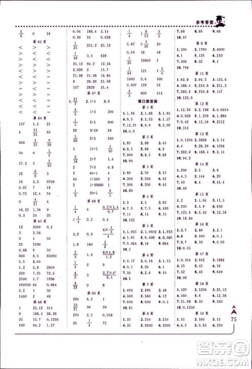 2019年春人教版RJ黄冈小状元口算速算练习册六年级下册参考答案