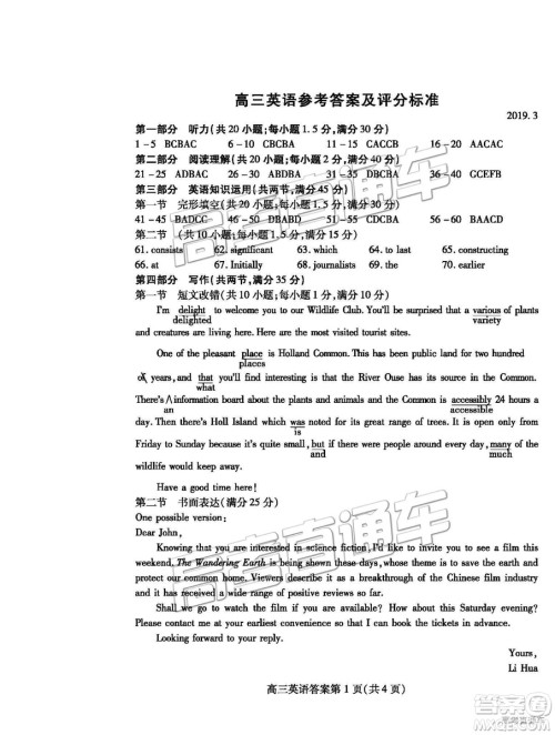 2019年高三潍坊一模英语试题及参考答案 2019年高三潍坊一模英语试题及参考答案