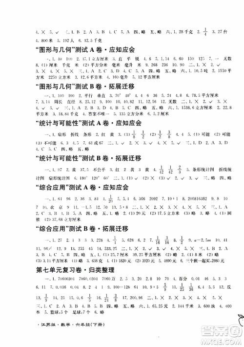 2019春江苏密卷数学六年级下册江苏版参考答案