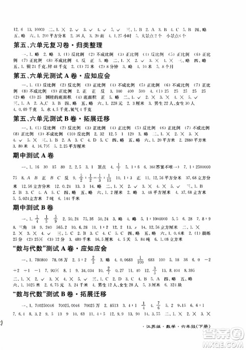2019春江苏密卷数学六年级下册江苏版参考答案
