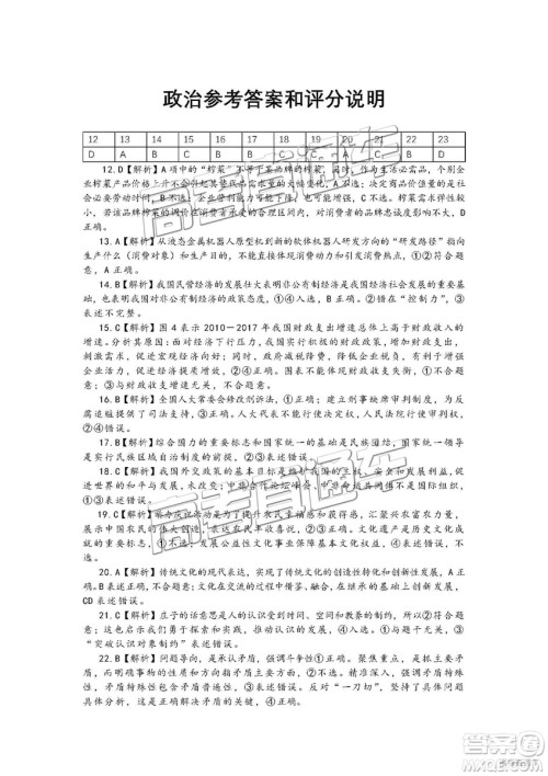 2019年3月安徽江南十校高三文综理综参考答案 2019年3月安徽江南十校高三文综理综参考答案