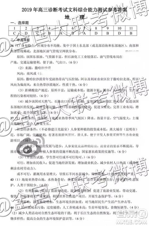 2019年高三兰州一诊文理综参考答案 2019年高三兰州一诊文理综参考答案