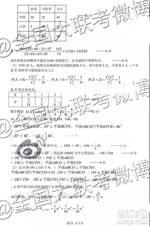 中学生标准学术能力诊断性测试2019年3月测试数学参考答案