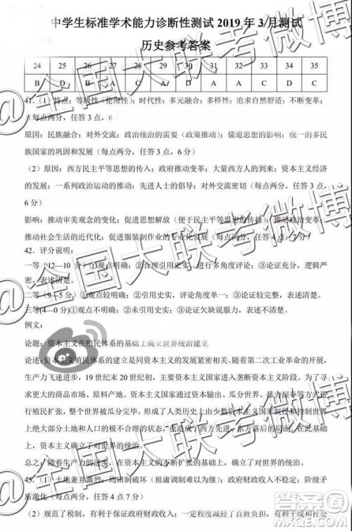 2019年3月测试中学生标准学术能力诊断性测试文综参考答案 2019年3月测试中学生标准学术能力诊断性测试文综参考答案